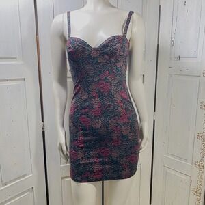 Insight Smokin Barrels Bodycon Mini Dress Size 2 Black Pink Roses Adj Straps